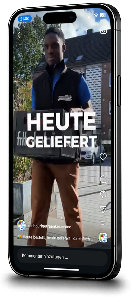 Kachouri Getränkeservice Instagram-Reel „Heute geliefert“ auf dem Smartphone