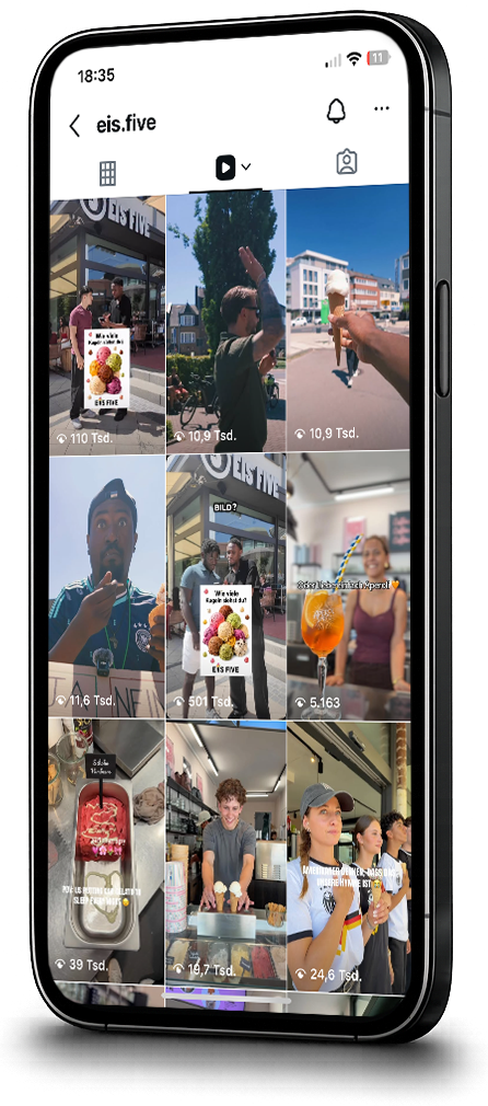 Eis Five Instagram-Profil mit Reel-Grid auf dem Smartphone